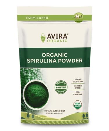 Avira Organic Spirulina Powder, Green Super Food, Grown in Pristine Environment, Vegan, Non-GMO, Easy to Mix in Smoothies and Juices, Resealable 4 Oz Bag 4 Ounce (Pack of 1)