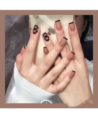 French Tip Press on Nails - Short Square Press On Nails with Nail Tips Checkerboard French Black Edge Design Naked color press on nails Acrylic False Nails Cute Artificial Nails