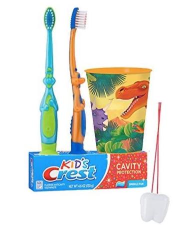 Dinosaurs Inspired 4pc. Bright Smile Oral Hygiene Set! Dino Manual Toothbrush, Crest Kids Sparkle Toothpaste & Mouthwash Rinse Cup! Plus Bonus Remember to Brush Visual Aid! by SmileCare