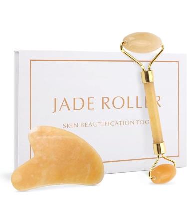 Gua Sha Facial Tool Natural Jade Roller Guasha Skin Scraper Facial Set Facial Stone Firming Face Anti-Aging Puffy Eyes Massager Neck Anti Wrinkle-Yellow set with box - Buy Online on GoSupps.com