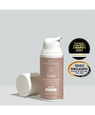 Baie Botanique Soleil Organic Facial Sunscreen SPF 50 - Chemical Filter Free Vegan Non-Toxic UV Protection with Hyaluronic Acid & Vitamin C - No White Cast - Light Tint - 1.3 oz - Buy Online on GoSupps.com