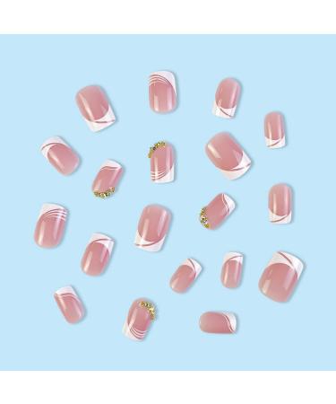 24 Pcs Short Square French Tip Press on Nails with Rhinestone Designs - Nude Pink Glue on Nails for Women - Buy Online on GoSupps.com