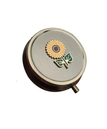 Sunflower Travel Pill Box Organizer - Cute Daily Medicine Pill Box for Purse Round Vintage Vitamin Pill Organizer for Pocket Bronze Metal Pill Case Portable Pill Holder Storage