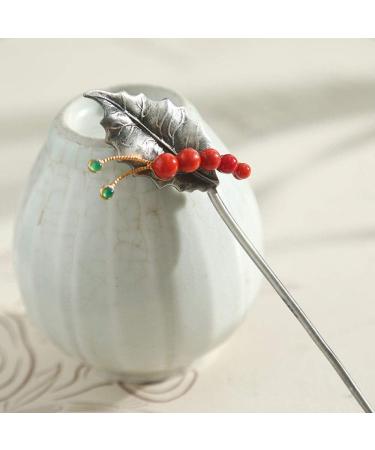 Vintage Hairpin Hair Sticks Hair Chopsticks for Women S925 Silver Caterpillar Leaves Artificial Coral Hair Pin Retro Handmade Hair Bun Accessories for Bride Dialy - Buy Online on GoSupps.com