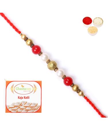 Ghasitaram Gifts Rakhi for Brother Rakhis Online -7615 Pearl Rakhi for My Brother with 200 GMS of Kaju katli Rakhi with 200 gms of Kaju katli