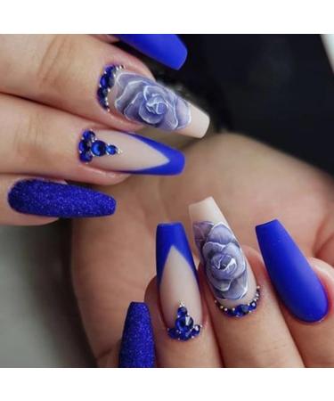 24Pcs Press on Nails Medium Fake Nails Acrylic T-Shape False Nails Summer Blue Reusable Artificial Nails for Women and Girls