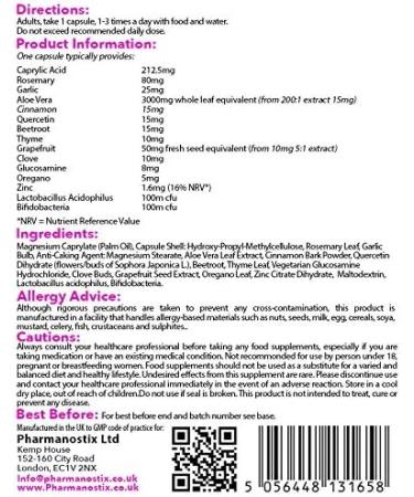 Pharmanostix Candida Support Probiotics - 60 Vegan Capsules for Women - 15 Active Ingredients, 200 Million Live Bacteria - Gut Health & Intestinal Flora - UK - Buy Online on GoSupps.com