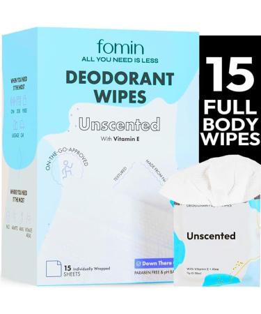 FOMIN Travel Deodorant Wipes - 15 Count - Unscented - pH Balanced Hypoallergenic Mini Deodorant Wipes For Women and Men - Plastic-Free Individually Wrapped Underarm & Body Wipes Unscented 15 Count (Pack of 1)