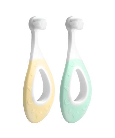 2 pieces baby toothbrush ultra soft with soft flow bristles to gum care children's toothbrush hand toothbrush for 6-24 months children fragile gingiva toddler brush (yellow+green)