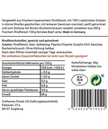  CRAFTSMAN FINEST FOODS Craftsman Beef Jerky Spicy 500g | Dry Meat with Chilli from Germany - Bavaria | Jerky Beef Set 10 x 50g | 100% Beef | High Protein 68% | 100% Natural | Sugar Free - Buy Online on GoSupps.com