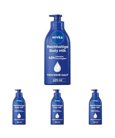 Nivea rich body Milk (625 ml) for 48h moisturizer lotion with 5 in 1 formula for dry skin with depth care serum almond oil and vitamin E (pack with 4) 625 ml (4 Pack)