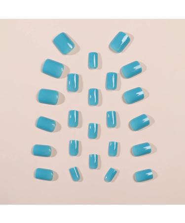 Turquoise Blue Short Square Press on Nails - 24 Pcs Full Cover False Nails with Designs and Nail Glue - Blue Glossy Artificial Acrylic Nails for Women and Girls - Buy Online on GoSupps.com