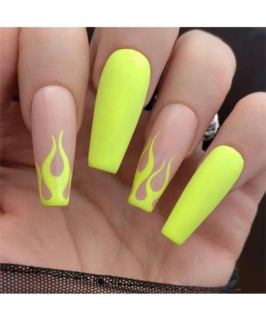 Press On Nails  French Long Fake Nails  24 PCS Stick on Nails for Women and Girls  Long fake Nails for Party Fluorescent Yellow