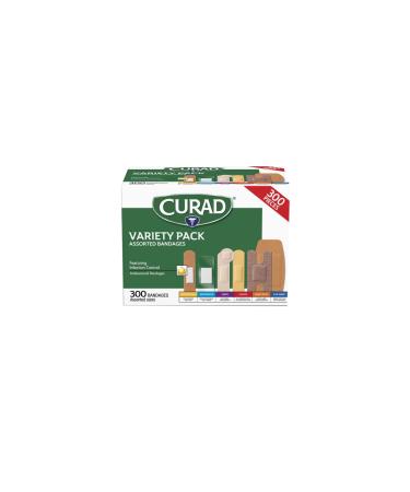 Curad Assorted Bandages Variety Pack 300 Pieces, including antibacterial, heavy duty, fabric, and waterproof bandages,300 Count (Pack of 1)