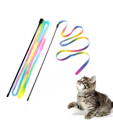 Interactive Cat Rainbow Wand Toys, Interactive Cat Teaser Wand String, Colorful Ribbon Charmer for Kittens - 2 PCS