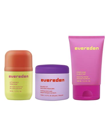 Evereden Pre-Teen Collection: Triple Green Tea Steer Clear Balancing Jelly Cleanser Face Wash Let's Bounce Gel-Cream Face Moisturizer & Balance Up Water-Based Toner Pads for Face Preppy Skincare