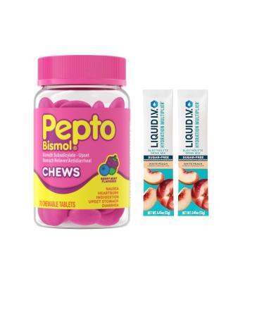 Pepto Bismol- Bismuth Subsalicylate- Upset Stomach Reliever & Antidiarrheal Chews- Berry Mint Flavored 70 Chewable Tablets Bonus 2 Sugar-Free White Peach Hydration Stick