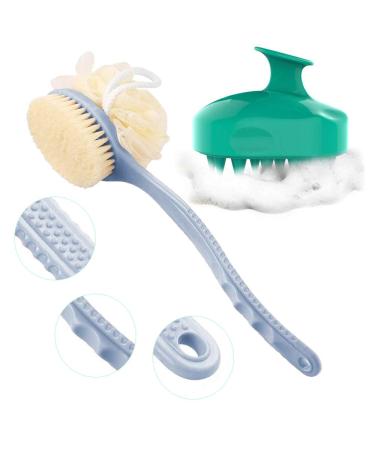 Long Handle Shower Back Scrubber with Bristle & Loofah | Hair Scalp Massager Shampoo Brush | Body Scrubber for Women Men & Pets - Blue - Buy Online on GoSupps.com