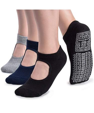 unenow Non Slip Grip Yoga Socks for Women with Cushion for Pilates, Barre, Home 3 Pairs-black/Navy/Grey One Size