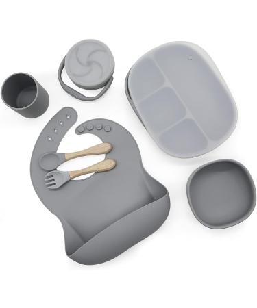 Baby Weaning Set | Toddler Feeding Set | Suction Plate Cup Bowl Spoon Fork Snack Cup Lid | Silicone & Wood Materials (Grey) - Buy Online on GoSupps.com