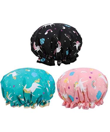 Jieddey shower hood unicorn 3 pack women shower hat waterproof bathroom sews double -layer bath cap reusable shower cap with rubber band bathing cap for girls children children shower spa bk black + blue + pink