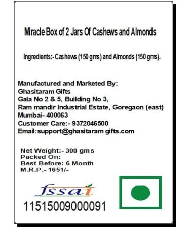 Jaiccha Ghasitaram Miracle Box of 2 Jars of Cashews and Almonds|Gift for Diwali Gifts Holi Rakhi Valentine Christmas Birthday Anniversary Her Him| - Buy Online on GoSupps.com