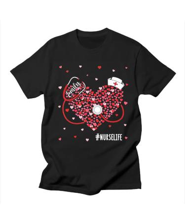 Personalized Shirt for Rn Graduation Nurse from Medical Student Funny Nurse Gifts Cute Heart Themed Nurse Life Medical Stethoscope Custom Name Short Sleeve Top Tee T-Shirt On Nurse's Day Multi Color