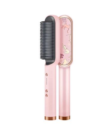 Ionic Hair Straightener Brush and Curler 2 in 1 30S Fast Heating Ceramic Straightening Brush with Anti-Scald Feature 5 Temp Settings for All Hair Types Pink