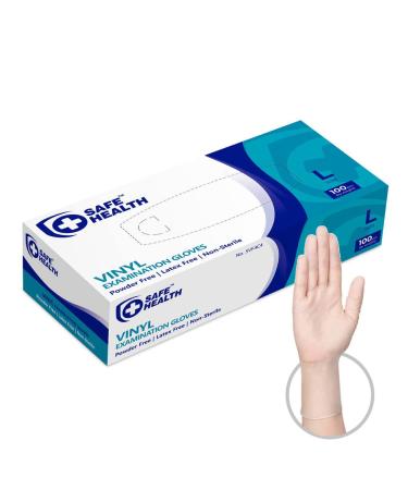Safe Health Vinyl Exam Disposable Gloves Latex Free Powder Free Clear Box of 100 Large 3.5 mil Medical Grade Nursing Office Kitchen Pet Care Cleaning Housework Clear 1 Box of 100 Pcs-large
