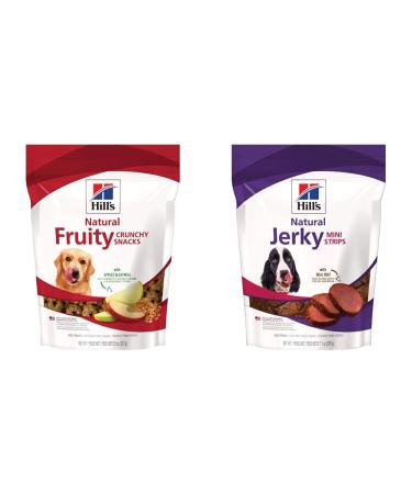 Hill's Natural Fruity Snacks for dogs with Apples & Oatmeal Crunchy Dog Treat 8 oz bag & Hill's Natural Jerky Mini-Strips with Real Beef Dog Treat 7.1 oz bag