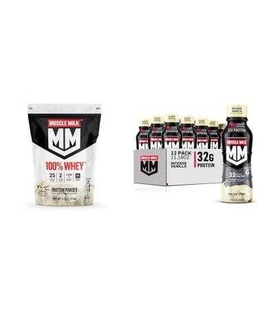 Muscle Milk 100% Whey Protein Powder Vanilla 5 Pound 68 Servings & Pro Advanced Nutrition Protein Shake Intense Vanilla 11.16 Fl Oz (12 Pack)