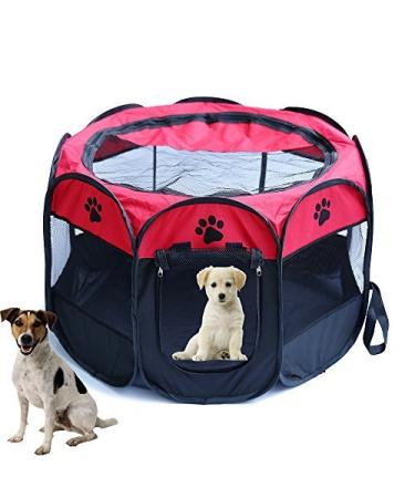 Horing Pop Up Tent Pet Playpen Carrier Dog Cat Puppies Portable Foldable Durable Paw Kennel M 35" * 35" * 24" Red