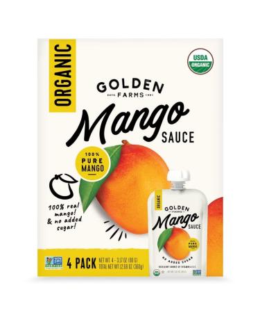 Golden Farms Mango Pouches, Single Ingredient Healthy Snacks (Pack of 4), 100% Pure Fruit, No Added Sugar, Vegan, Gluten-Free, Kosher, Organic Squeeze Pouch 3.17oz Each