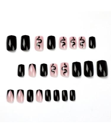 Runrayay Medium-Sized Black & Nude Artificial Nails | Snake Design Coffin Acrylic Nail Tips - 24 Pieces for Women & Girls - Buy Online on GoSupps.com