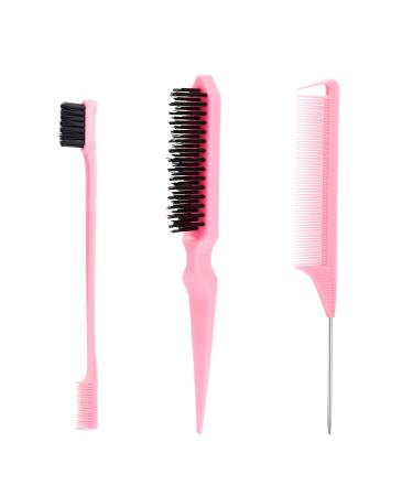 SWEET VIEW 3 Pcs Slick Back Hair Brush Set with 1 Pcs Edge Brush 1 Pcs Bristle Hair Brush 1 Pcs Rat Tail Comb, Teasing Brush for Smoothing Baby Hair & Flyaways - Pink 3 Piece Pink