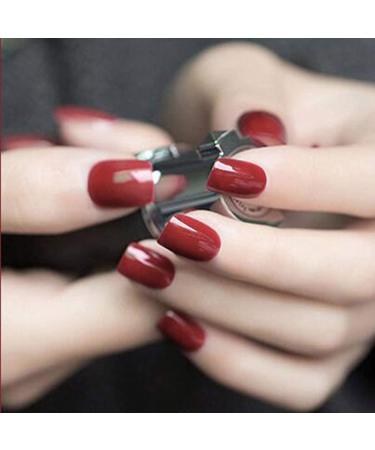 Glossy Press on Nails Short Square Fake Nails Full Cover Artificial False Nails for Women and Girls (Red)