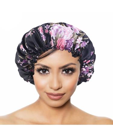 YeeMan 3PCS Flowers Satin Hair Bonnet Set for Curly Hair - Black, Peacock Blue, Fuchsia - Buy Online on GoSupps.com
