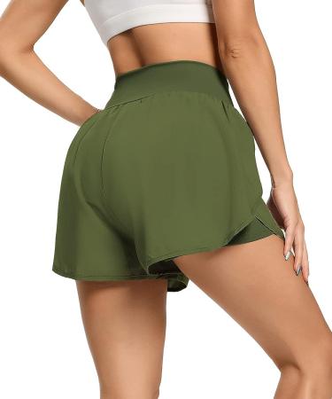 Quccefods Women's Cross Waist Workout Shorts | Quick-Dry Athletic Running Shorts with Pocket | Elastic High Waisted | Army Green - Large - Buy Online on GoSupps.com