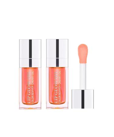 JISKG 2 PCS Plumping Lip Oil Hydrating Lip Gloss Oil Long Lasting Nourishing Transparent Lip Care Oil Non-Sticky Big Brush Glitter Shine Primer Lip Tint (001 - Pink)