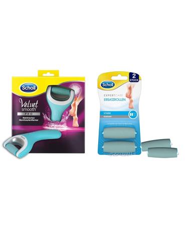 Scholl Velvet Smooth Electric Horn skin remover Pro - 1 device + charging station & Expert Care Wet & Dry replacement rolls strong - refill for the electrical corneal remover from Scholl - 2 rolls