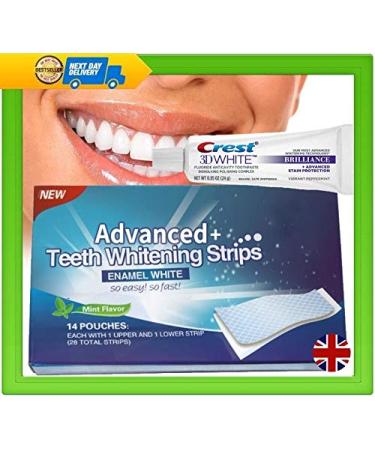 28 Advanced Teeth Whitening Professional White Strips Plus Crest 3D Brilliance Toothpaste