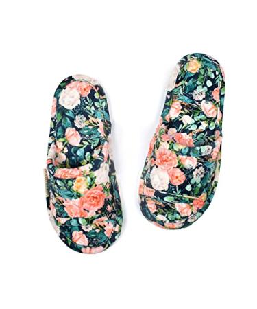 LOOPUINHOM Floral Velvet House Slippers for Women, Lightweight Open Toe Washable Portable Foldable Comfortable Guest Hotel Travel Airplane Spa Slippers 7-8 Navy