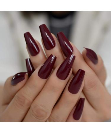 Tapered Coffin Nails Long Size Square Maroon Dark Red Acrylic Artificial False Nails Manicure Tips 24 CT