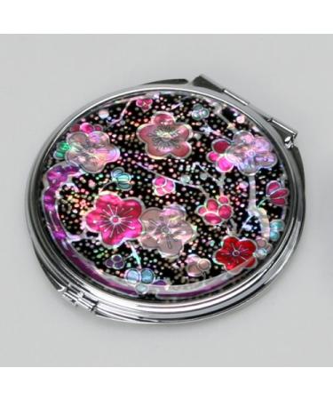 Mother of Pearl Pink Red Flower Compact Cosmetic Mirror with Maehwa Design