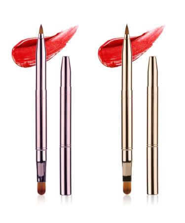 YOCDNOV 2 Pieces Double Ended Lip Brush Set - Retractable Lip Makeup Brush Lip Contour Brush Lip Gloss Applicator Suitable for Girls (Pink+Gold)
