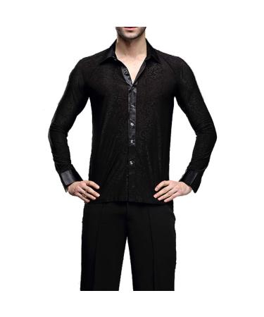YILINFEIER Men Professional Black Noble Dark Stripe Long Sleeves Latin Salsa Samba Chacha Modern Dance Shirts Medium Lapel Collar