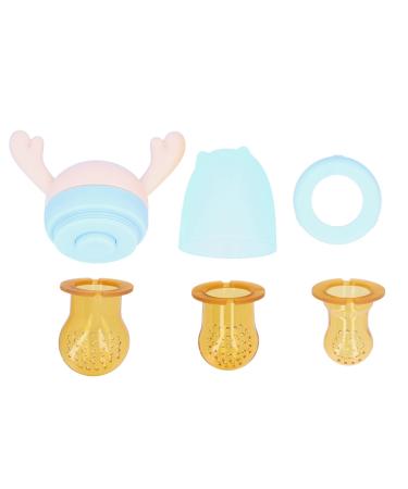 Baby fruit food feeder pacifier food quality silicone antlers gripped juice & food feeder fruit bite toy with 3 sizes bite ring for toddlers (pink)