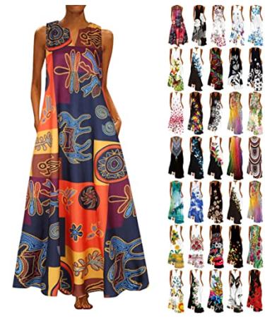 Women's Summer Sleeveless Loose Maxi Dress Plus Size Casual Vintage Graphic Print V Neck Beach Long Dress with Pockets 3X-Large 01-yellow