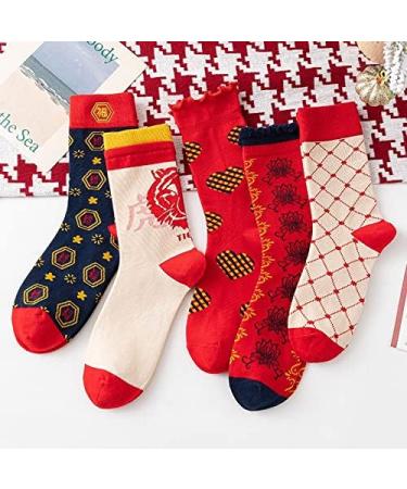 Chinese New Year Zodiac Embroidered Red Socks - 5 Pairs (Size 34-39) - Comfortable & Breathable Cotton Socks for Women - Buy Online on GoSupps.com