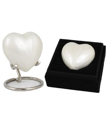 Small Keepsake Heart Cremation Urn For Ashes With New Improved Lid Mini Heart Memorial Urn With Box & Stand (Pearl White Aluminium) M Pearl White With Box & Stand